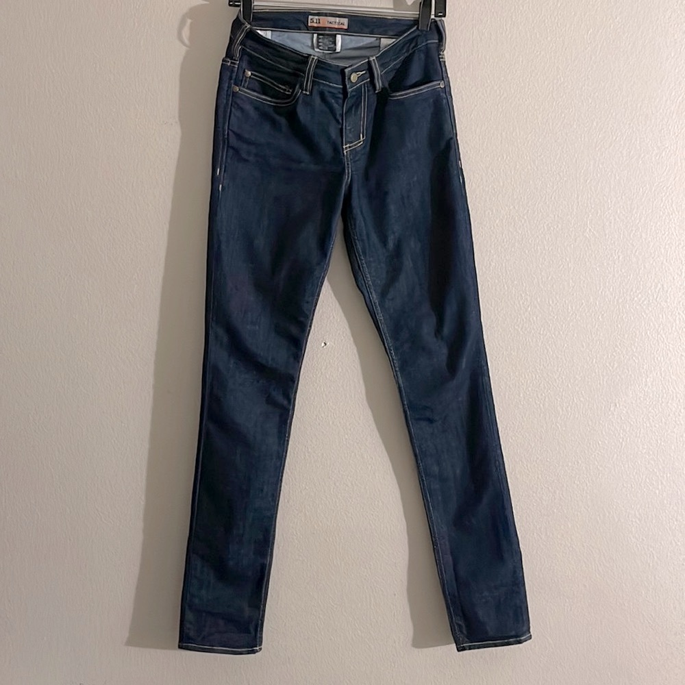 5.11 TACTICAL DARK WASH SLIM FIT JEANS SIZE 0 Long. 7 pocket Tactical Stretch.